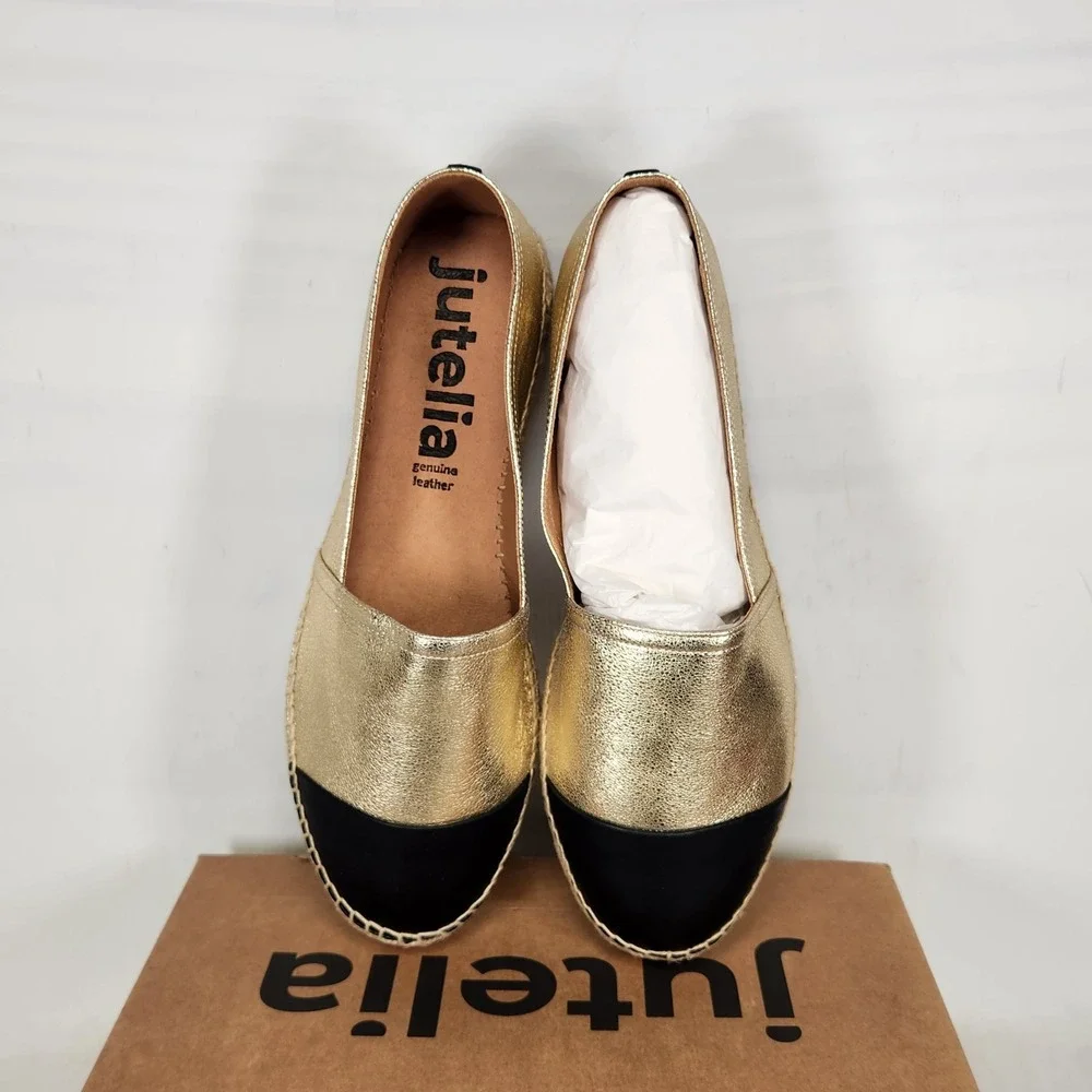 Jutelia Espadrille Flats Women Size 11 Gold Black Leather Cap Toe Slip On